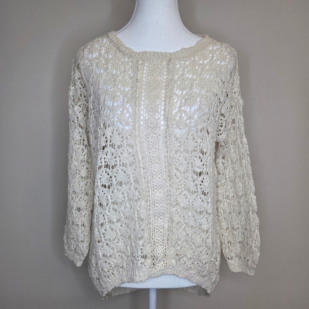 Cream Open Knit Crochet Lace Cotton Sweater Off White Boho Womens Small
